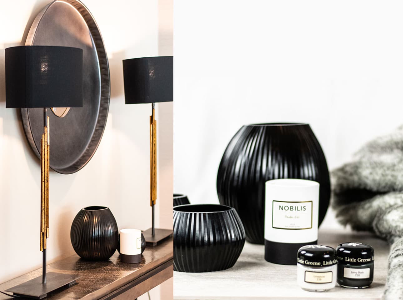 Flur gestalten mit Kissen Decken Leuchten Kerzen Duftkerzen Interior Design Inspiration Blog Tischleuchten schwarze Vasen Duftkerzen