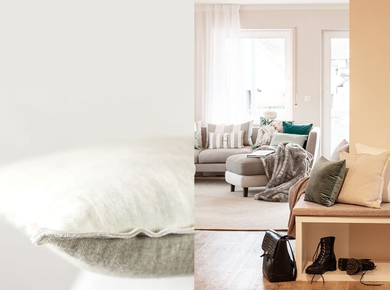 Flur gestalten mit Kissen Decken Leuchten Kerzen Duftkerzen Interior Design Inspiration Blog weißes Kissen Kissendekoration