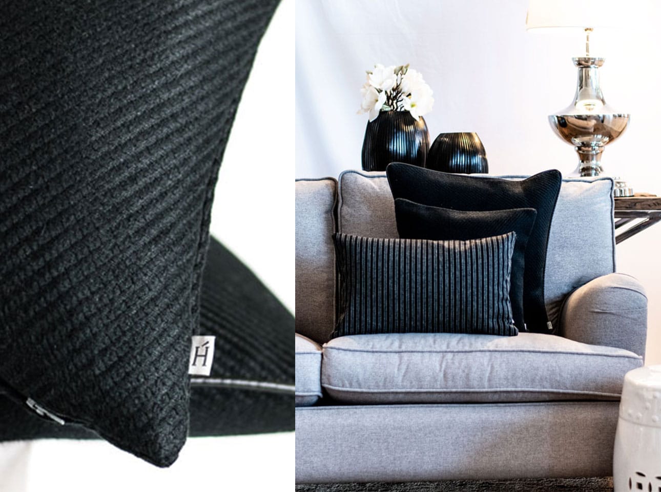 Flur gestalten mit Kissen Decken Leuchten Kerzen Duftkerzen Interior Design Inspiration Blog schwarzes Kissen Kissendekoration auf Sofa Kissen arrangieren