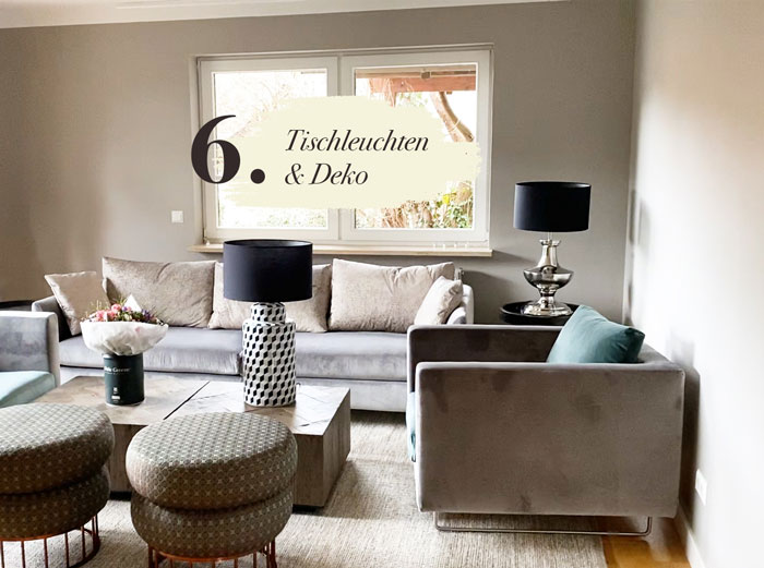 Tischleuchten Dekoration Möbelauswahl Kundenprojekt Einrichtungskonzept Interior Design Wohnzimmer Essbereich offenes Wohnkonzept