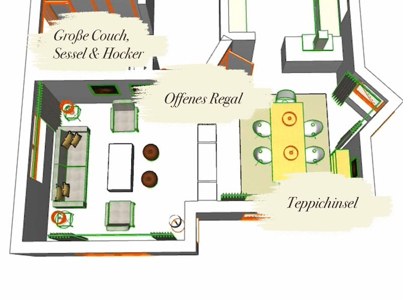 Möbelauswahl Kundenprojekt Einrichtungskonzept Interior Design Wohnzimmer Essbereich offenes Wohnkonzept Skizze Plan Grundriss