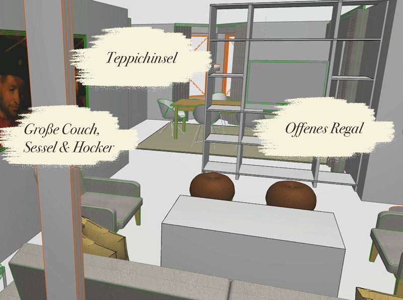 Möbelauswahl Kundenprojekt Einrichtungskonzept Interior Design Wohnzimmer Essbereich offenes Wohnkonzept Skizze Plan Grundriss