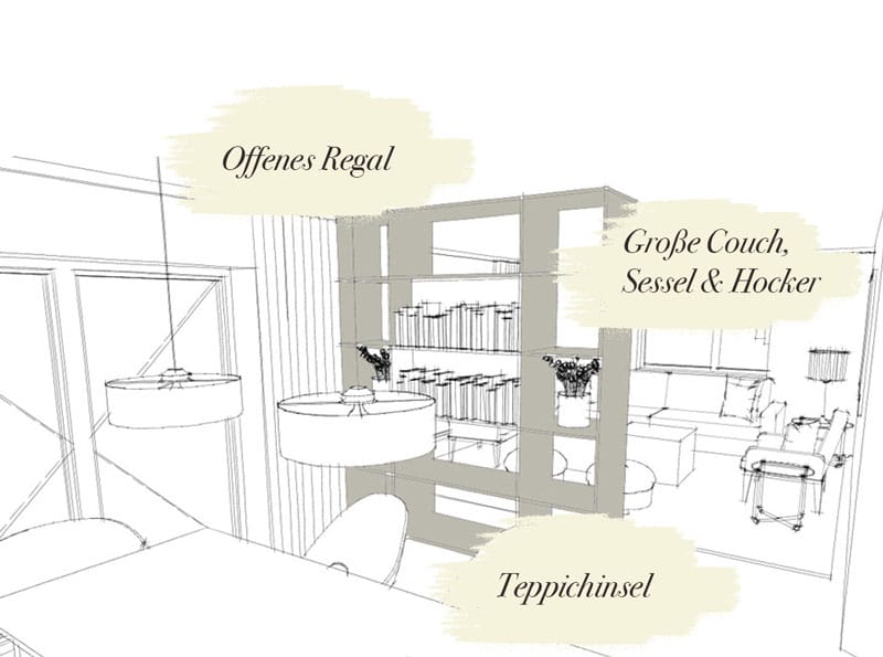 Möbelauswahl Kundenprojekt Einrichtungskonzept Interior Design Wohnzimmer Essbereich offenes Wohnkonzept Skizze Plan Grundriss