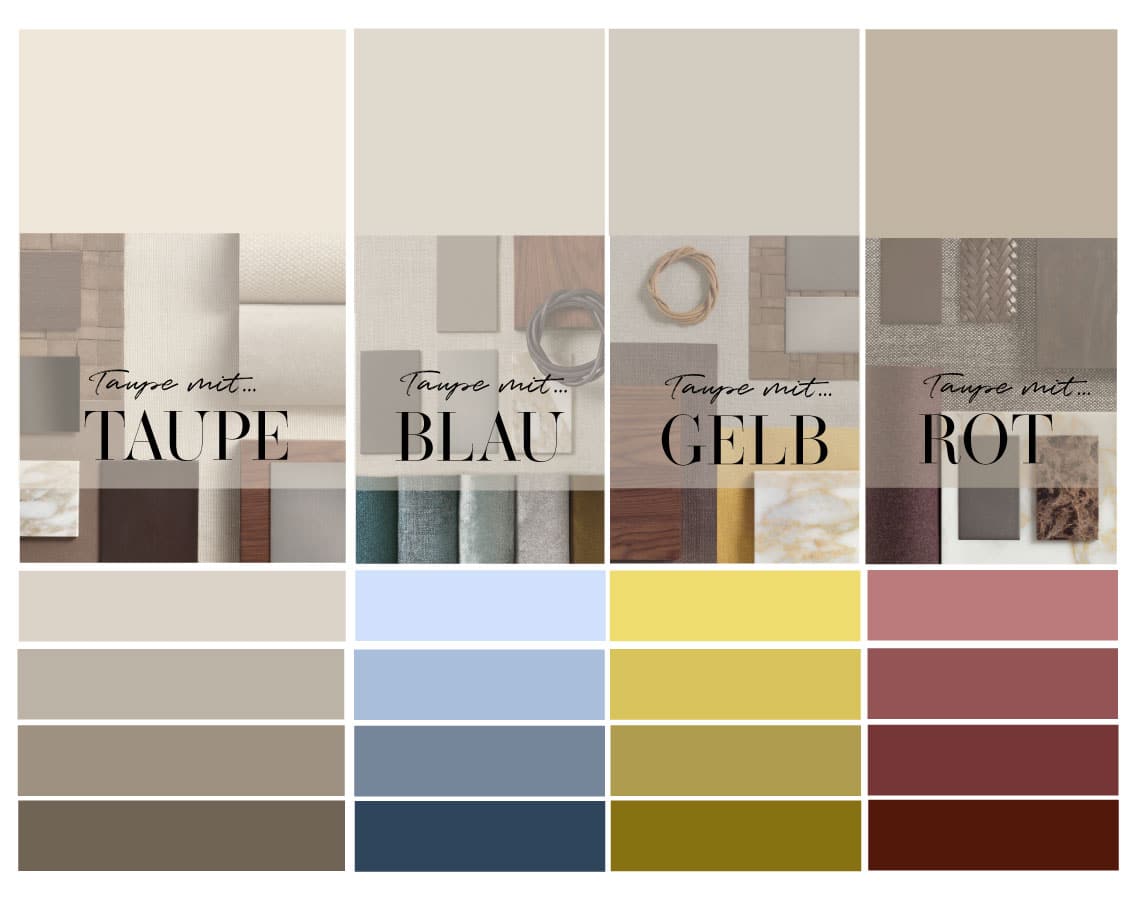 Taupe kombinieren: Taupe passt zu Naturtönen Blau Gelb und Rot Taupe mit Taupe kombinieren Taupe mit Blau, Petrol, Türkis, Grün, Olivgrün Taupe mit Gelb Taupe mit Orange Taupe mit Senfgelb Taupe mit Rot Taupe mit Bordeaux Taupe mit Rosa