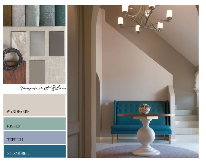 Taupe mit Blau kombinieren Taupe passt zu Blau Inneneinrichtung in Taupe und Blau Taupe mit Türkis Taupe mit Petrol Taupe mit Grün