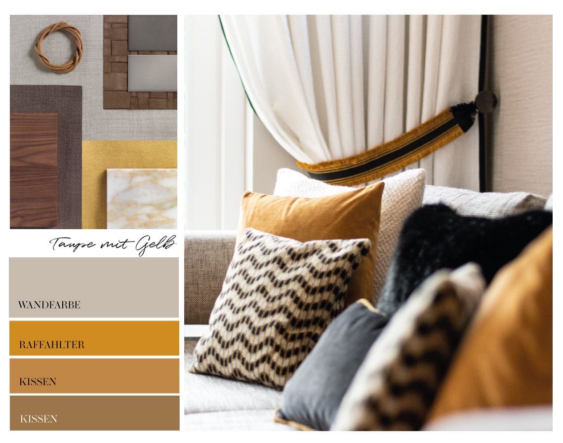 Taupe mit Gelb kombinieren Taupe passt zu Gelb Inneneinrichtung in Taupe und Gelb Taupe mit Orange Taupe mit Senfgelb Taupe mit Ocker