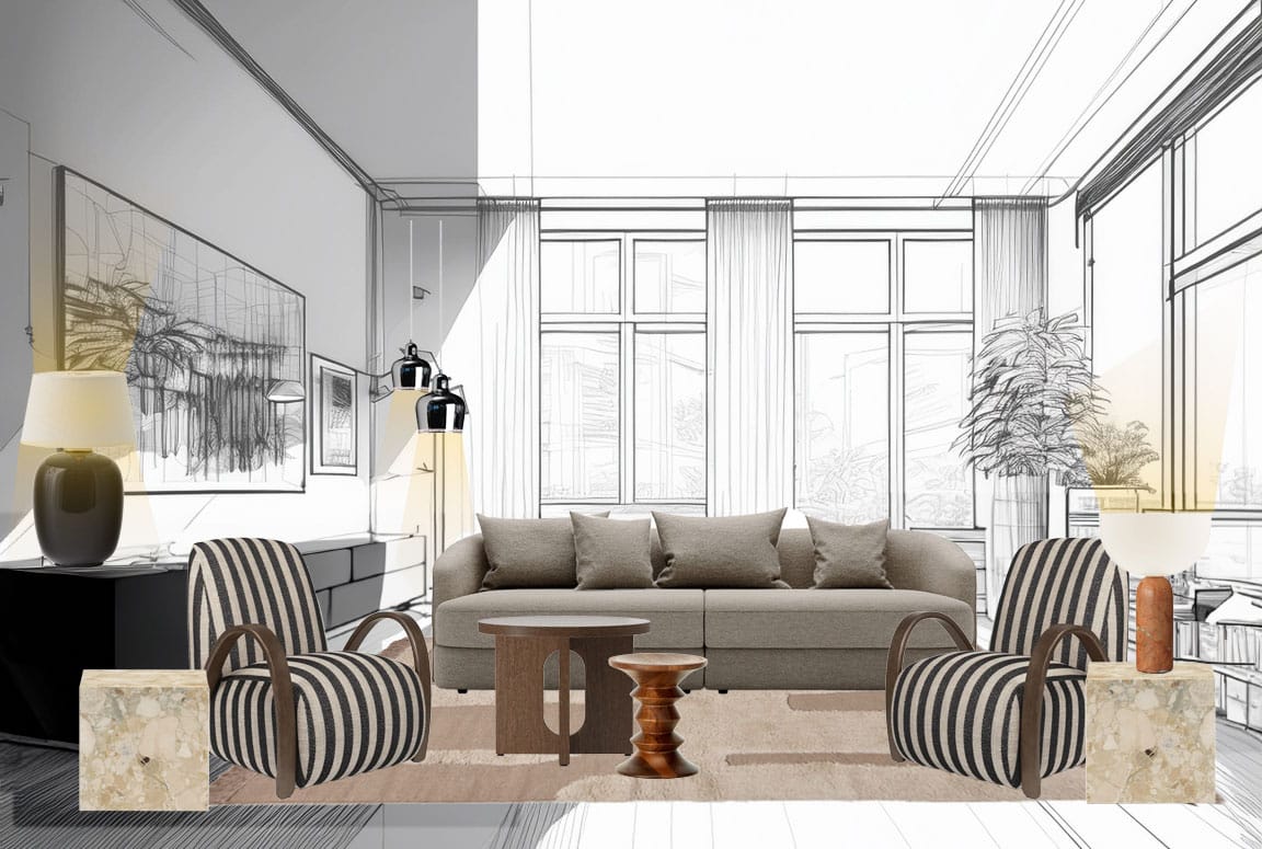 Raum-1 Wohnung einrichten mit couch und sesseln, tische mit holz und stein