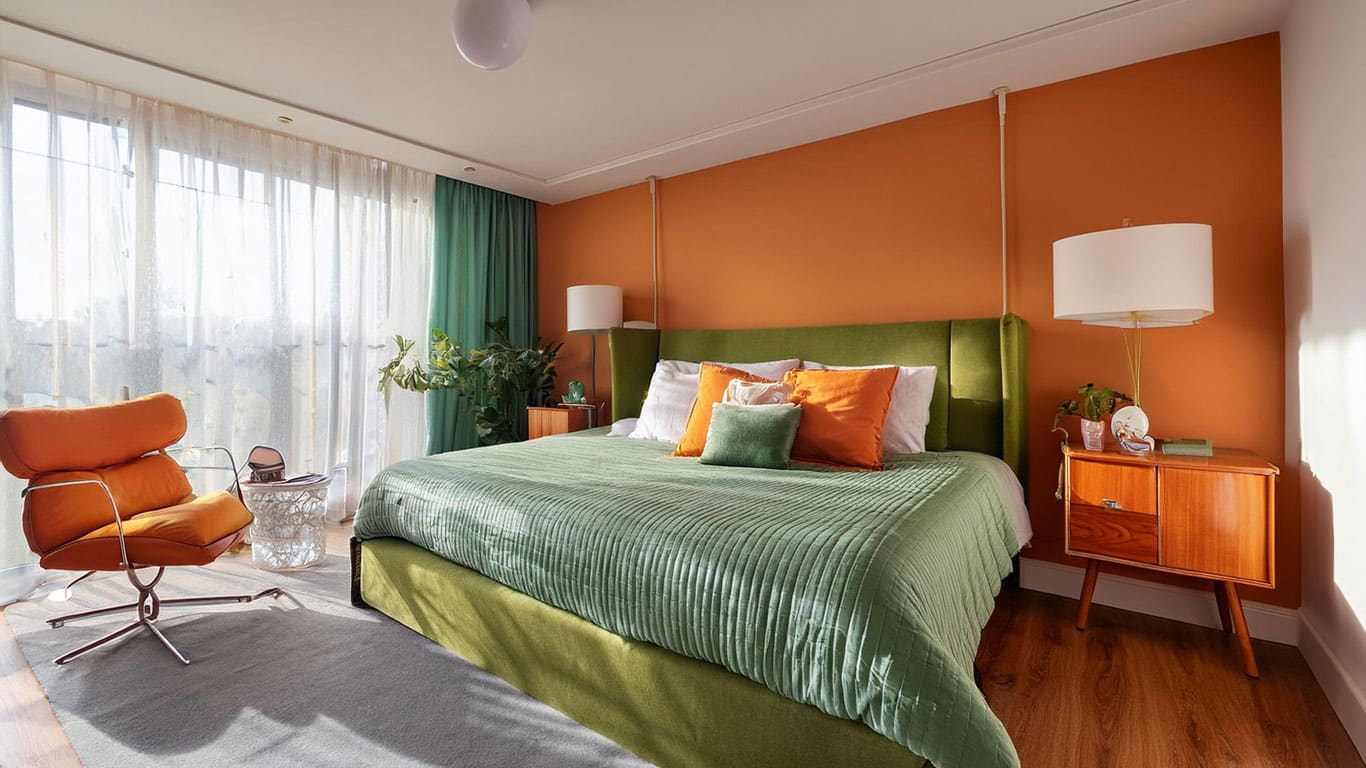 midcentury-3 einrichten wohnung schlafzimmer im orange grün midcentury möbel