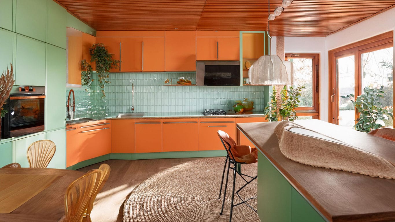 midcentury-küche einrichten wohnung vntage küche in orange grün