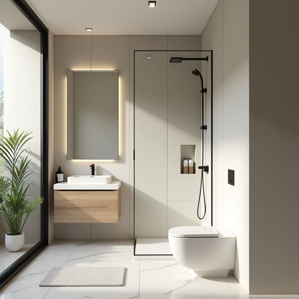 Bad-mit-dusche Ideen für kleine Badezimmer dusche wc waschbecken spiegel marmor eiche waschtisch schwarze armaturen