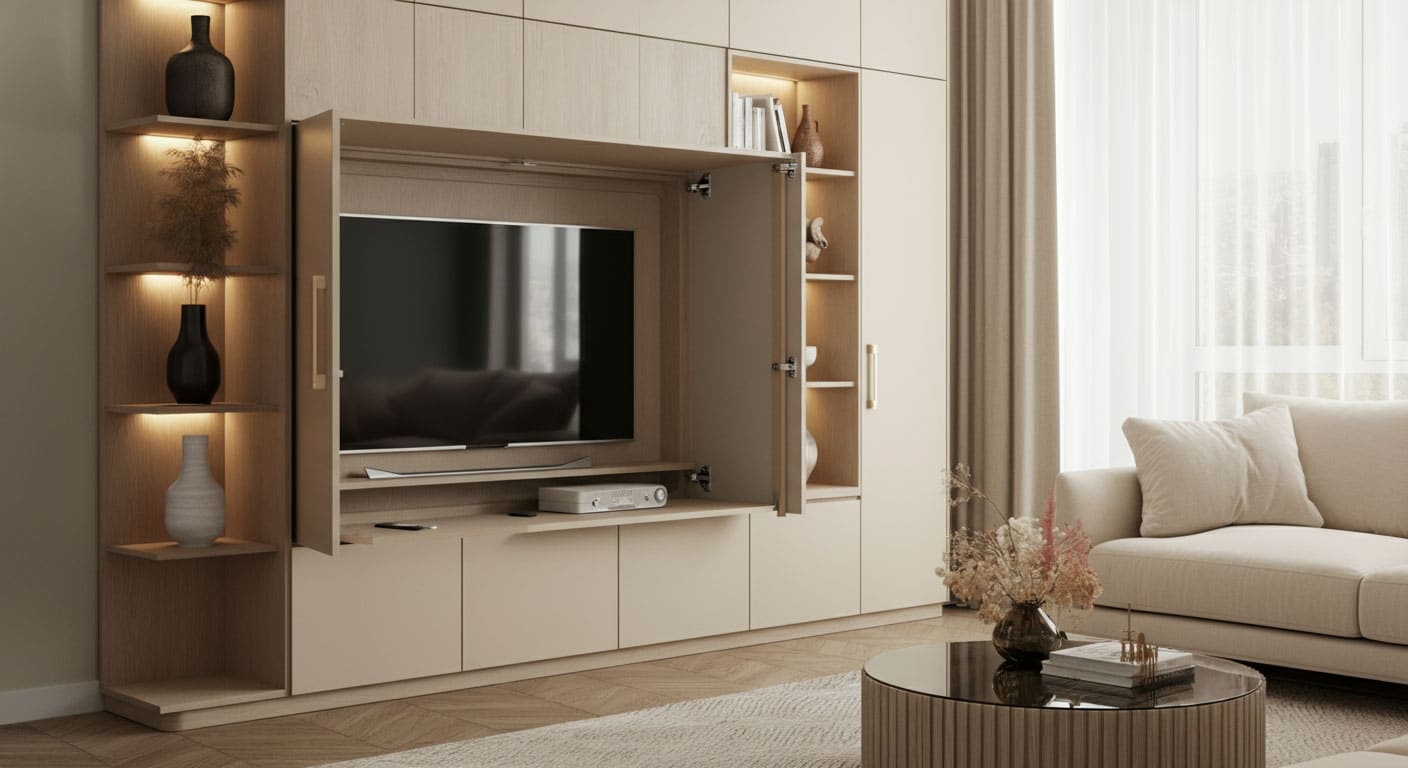 Tv-mit-türen Wohnzimmer Idee tv wand mit türen fernseher verstecken beleuchtung gardinen couch mit rundem tisch