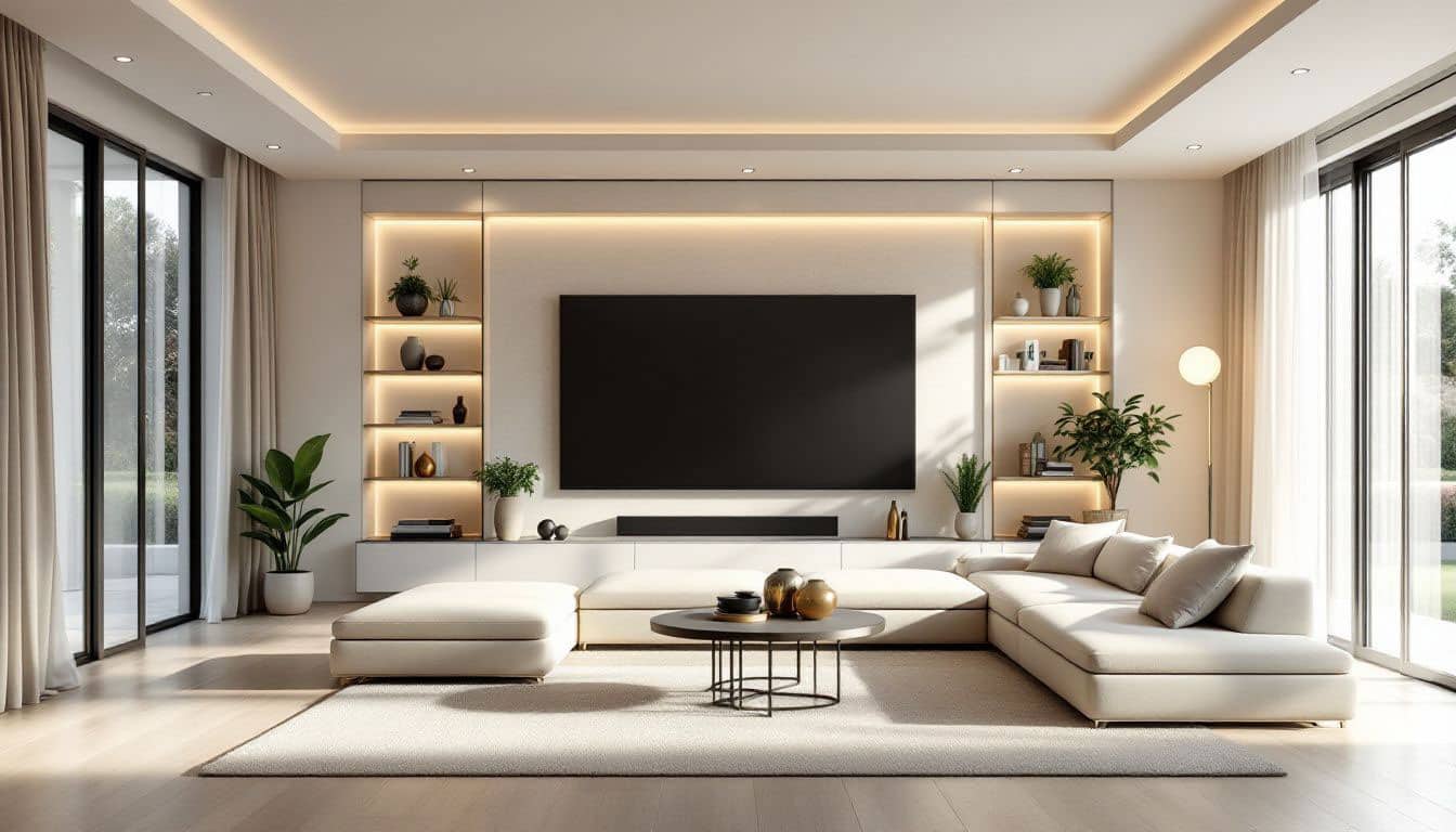 Wohnen-Tv-fokus Wohnzimmer Idee offner raum couch tv regale fenster vorhänge