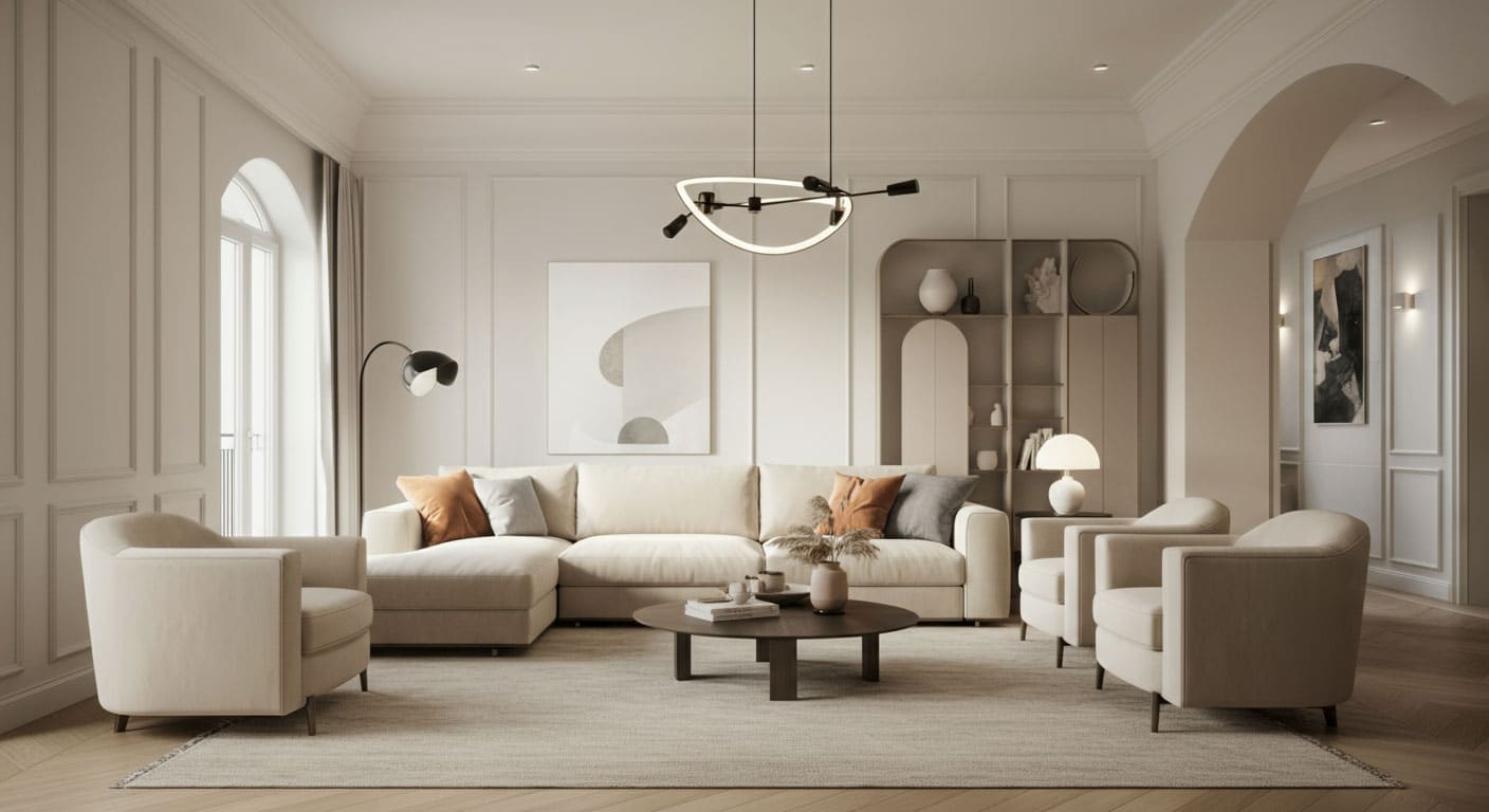 Wohnen-symmetrie Wohnzimmer Idee helle möbel wand mit leisten leuchten