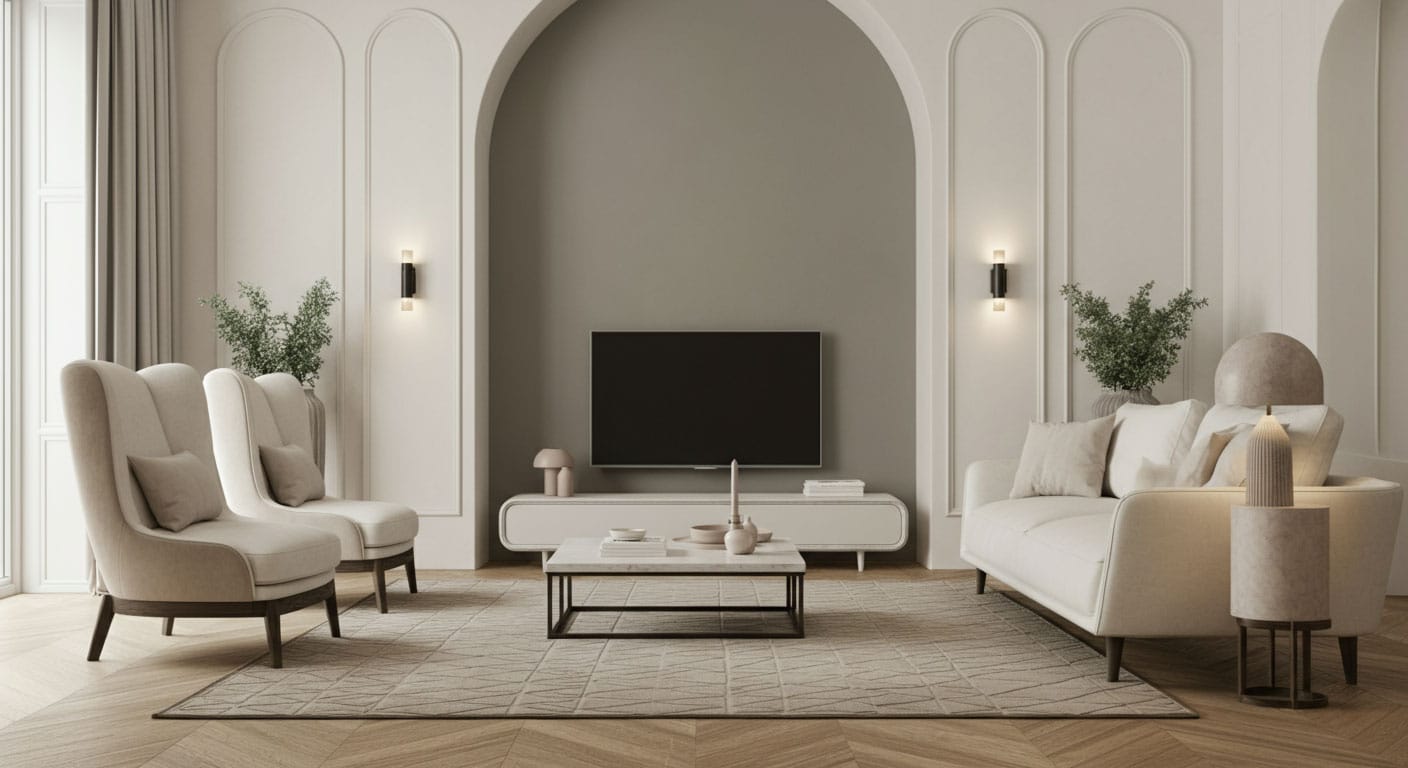 Wohnen-symmetrie_1 Wohnzimmer Idee bogen wand sessel und couch gegenüber