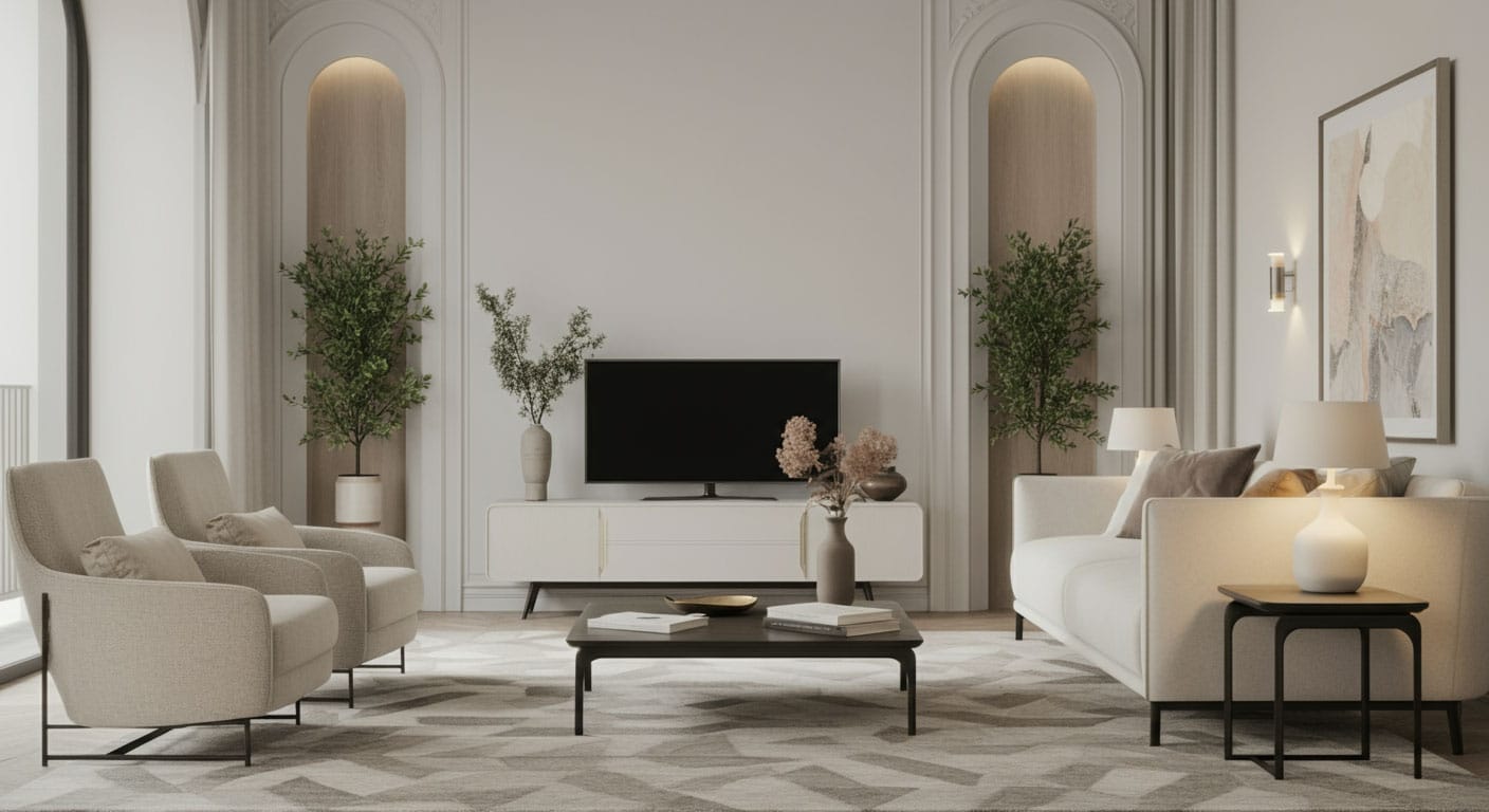 Wohnen-symmetrie_2 Wohnzimmer Idee nische mit bogen beleuhctet tv sessel und pflnzen