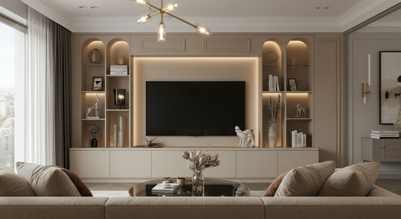 Wohnzi-1 Wohnzimmer Idee wohnwand mit tv beleuchtete bögen couch leuchten gardinen