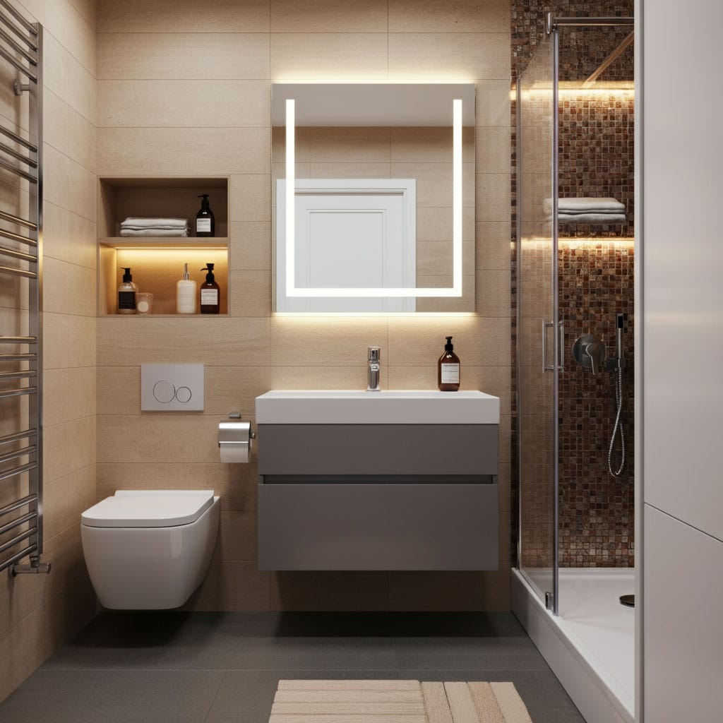 bad-2 Ideen für kleine Badezimmer dusche wc waschbecken spiegel dunkle fliesen