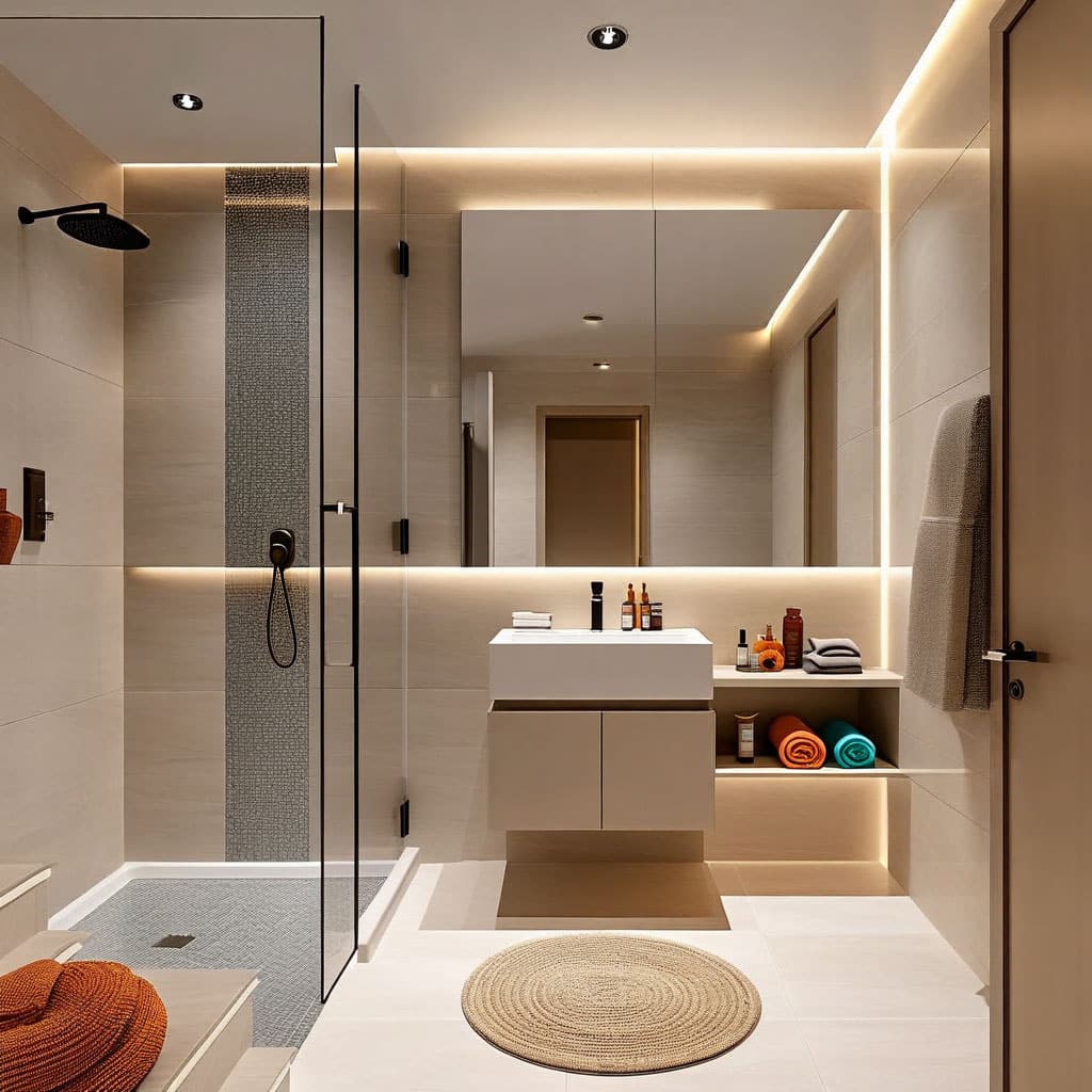 bad-5 Ideen für kleine Badezimmer dusche wc waschbecken spiegel beige Fliesen schwarze armaturen