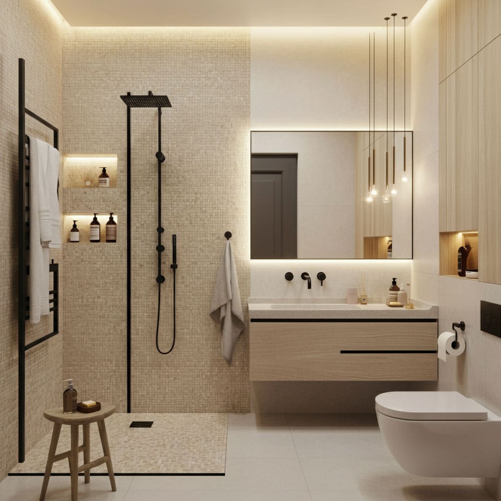 bad-mit-offener-dusche Ideen für kleine Badezimmer dusche wc waschbecken spiegel marmor eiche waschtisch schwarze armaturen mosaikfliesen schrank hocker