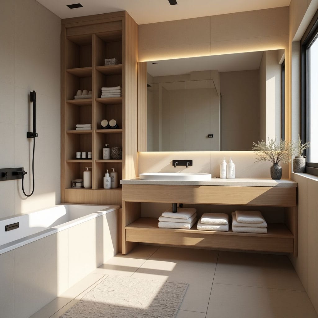 bad-mit-regalen Ideen für kleine Badezimmer dusche wc waschbecken spiegel ebadewanne waschtisch schwarze armaturen