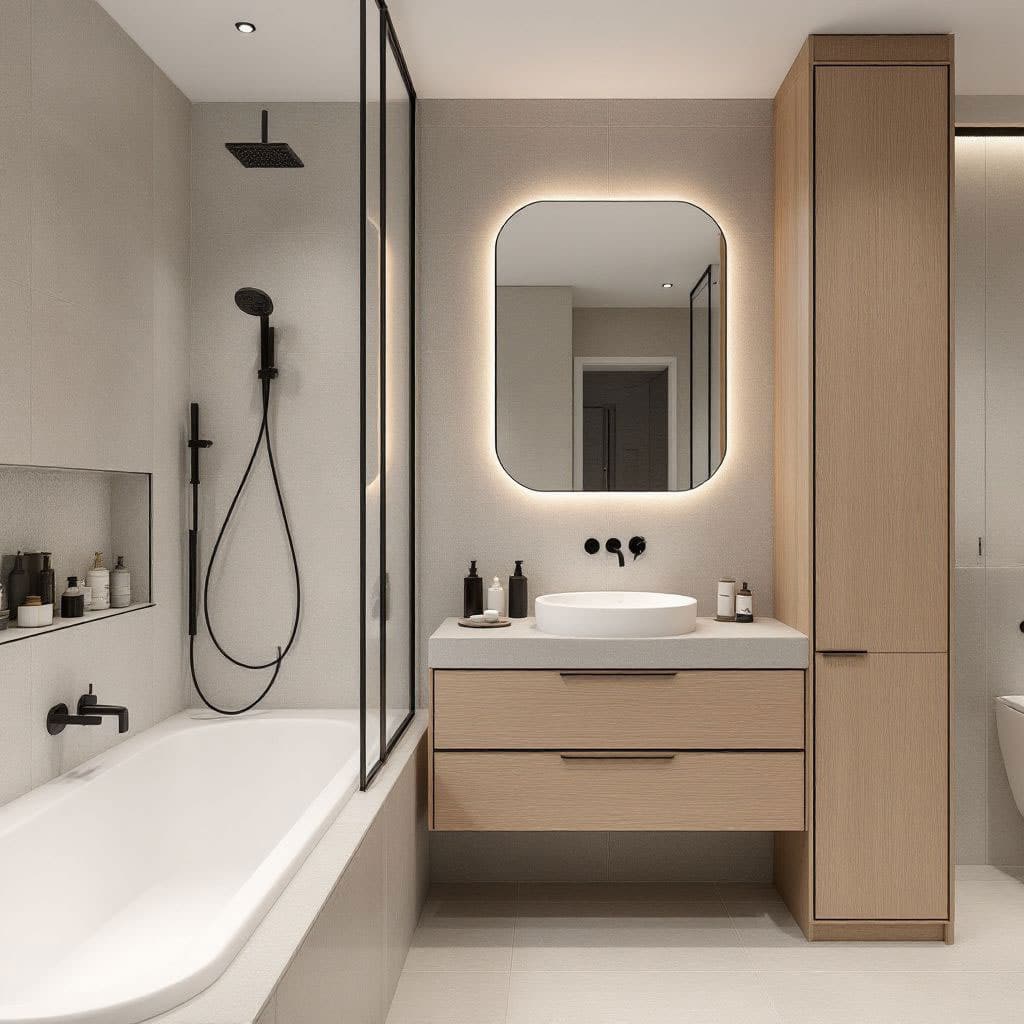 bad-mit-wanne-und-schrank Ideen für kleine Badezimmer dusche wc waschbecken spiegel ebadewanne waschtisch schwarze armaturen wc abgetrennt