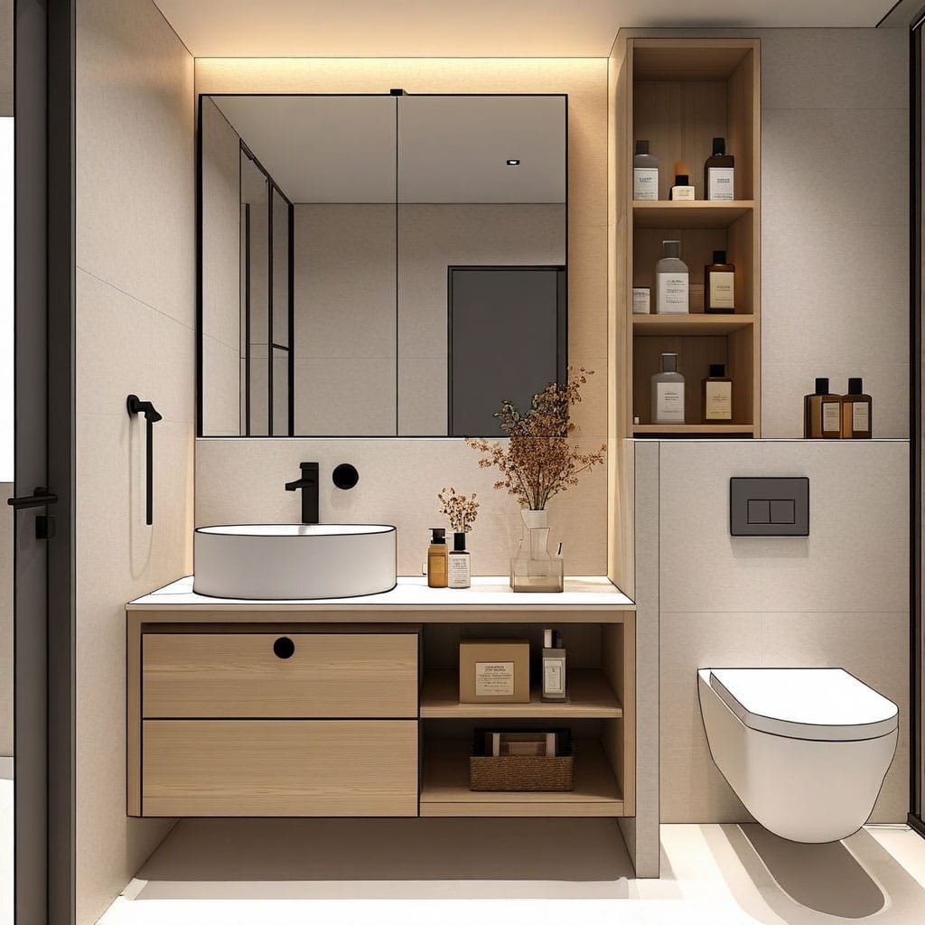 bad-mit-waschtisch Ideen für kleine Badezimmer dusche wc waschbecken spiegel marmor eiche waschtisch schwarze armaturen regal wc