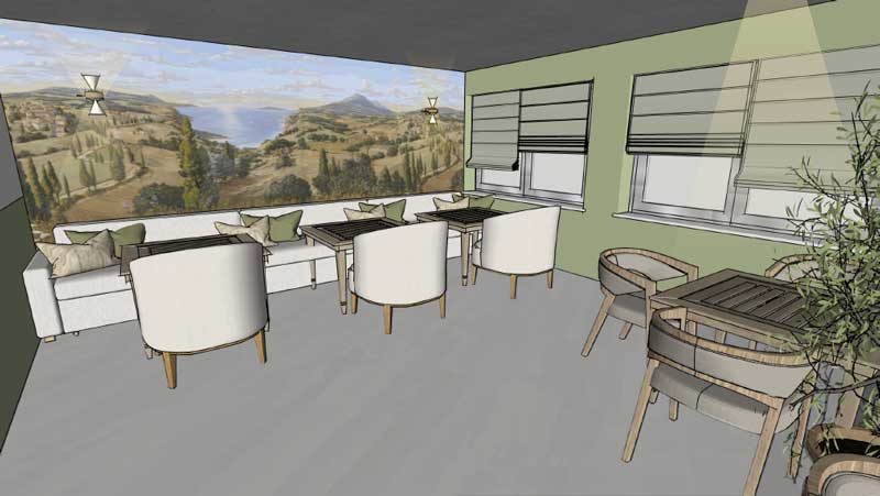 Buero-Kantine Büro einrichten kantine skizze mit tapete und couch