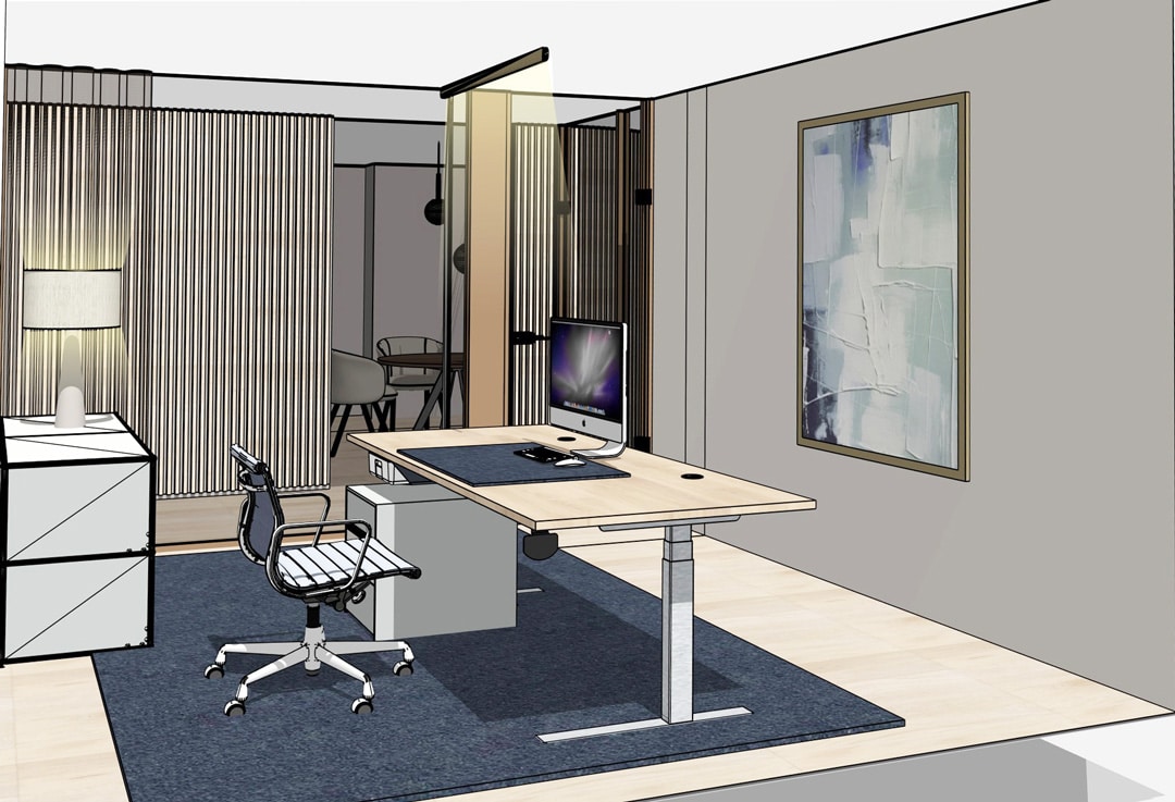 Bueroraum-1 Büro einrichten einzelbüro mit schreibtisch stuhl leuchte blau